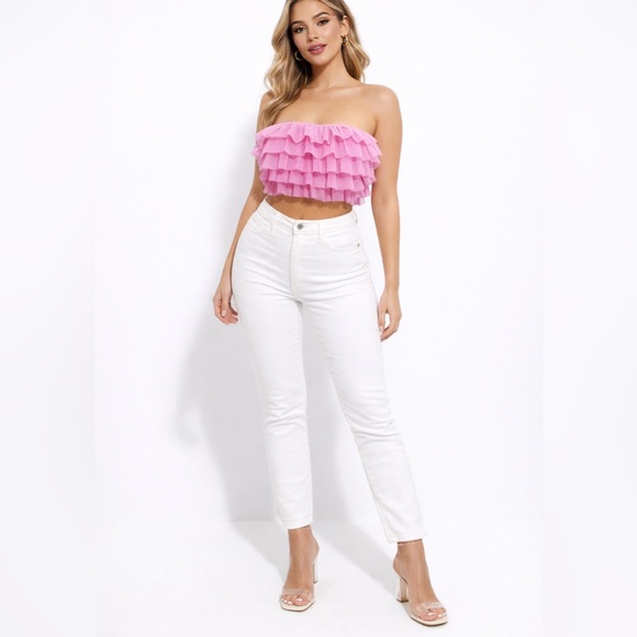Zara Tops - Zara pink ruffle tulle strapless crop top S party Barbiecore Y2K coquette